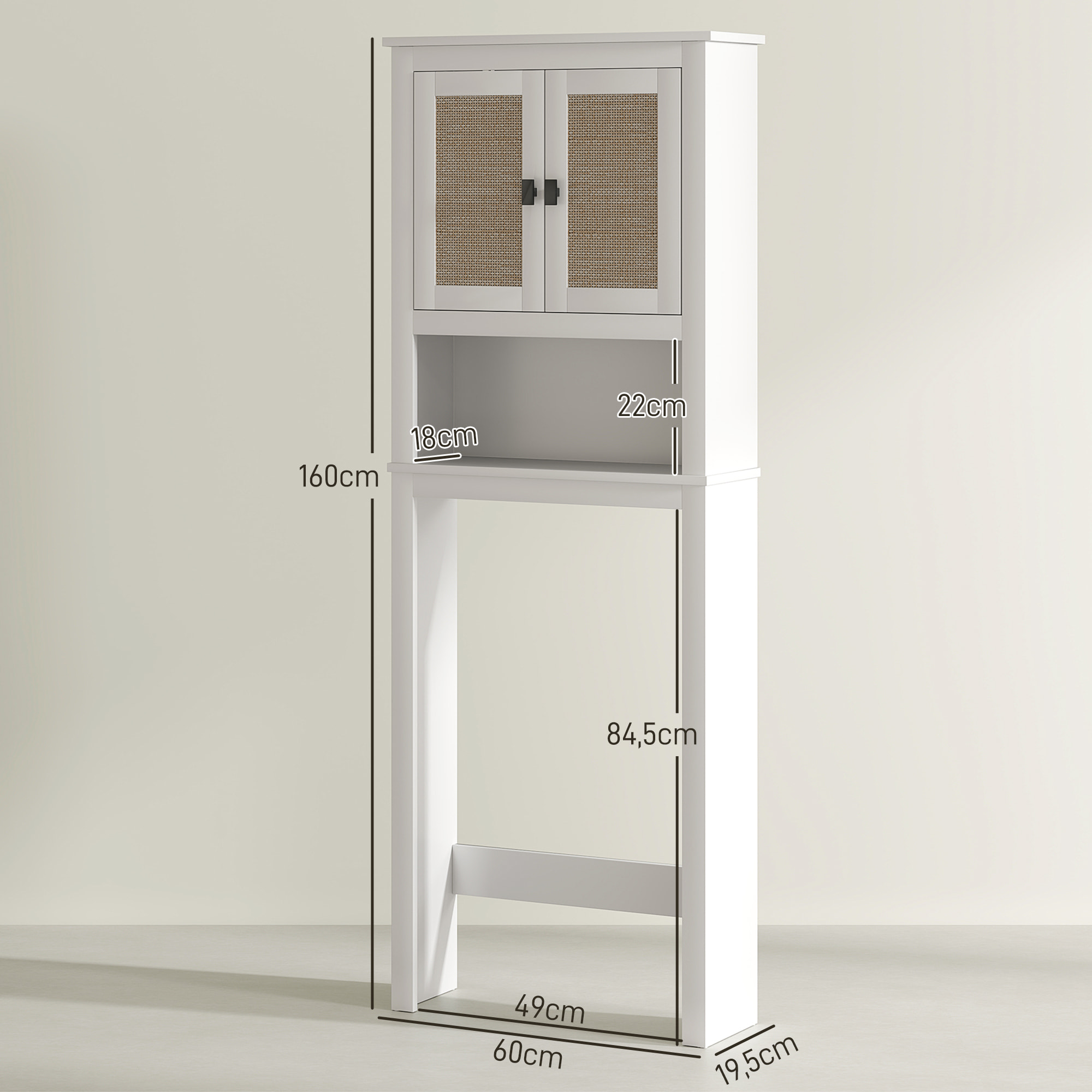 Mueble sobre Inodoro Estrecho Armario sobre Inodoro con 2 Puertas con Frontal de Ratán Compartimento y Estante Ajustable Mueble de Baño 60x19,5x160 cm Blanco