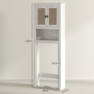 Mueble sobre Inodoro Estrecho Armario sobre Inodoro con 2 Puertas con Frontal de Ratán Compartimento y Estante Ajustable Mueble de Baño 60x19,5x160 cm Blanco