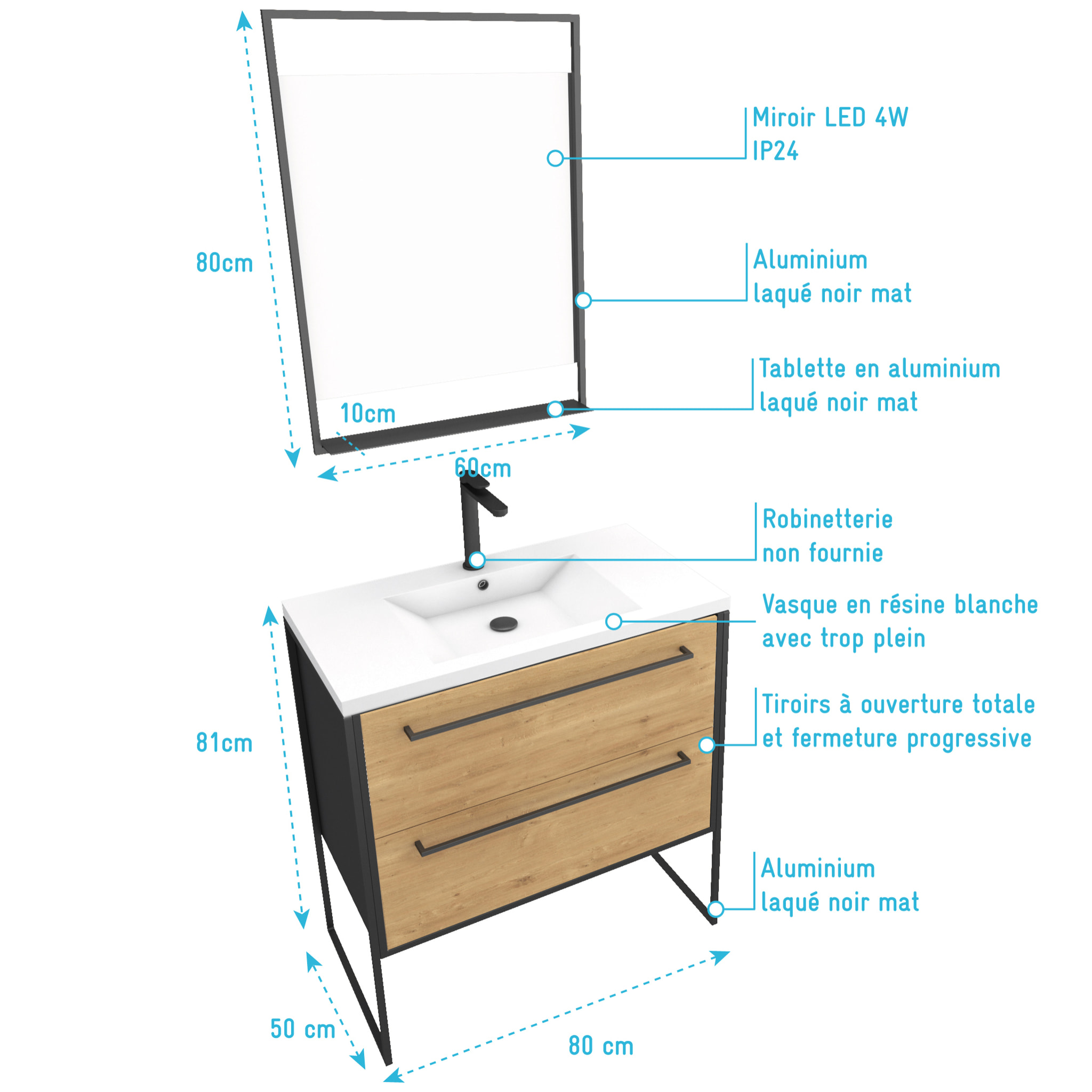 Meuble Salle de Bains 80 cm, Vasque Résine Blanche, Miroir Led - Finition Chêne et Noir - STRUCTURA