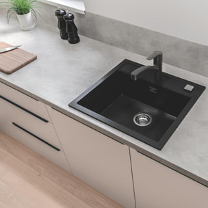 Evier avec égouttoir en granite à encastrer + mitigeur Grohe monocommande avec douchette 2 jets, noir mat (SATSINKGE3B-SET)