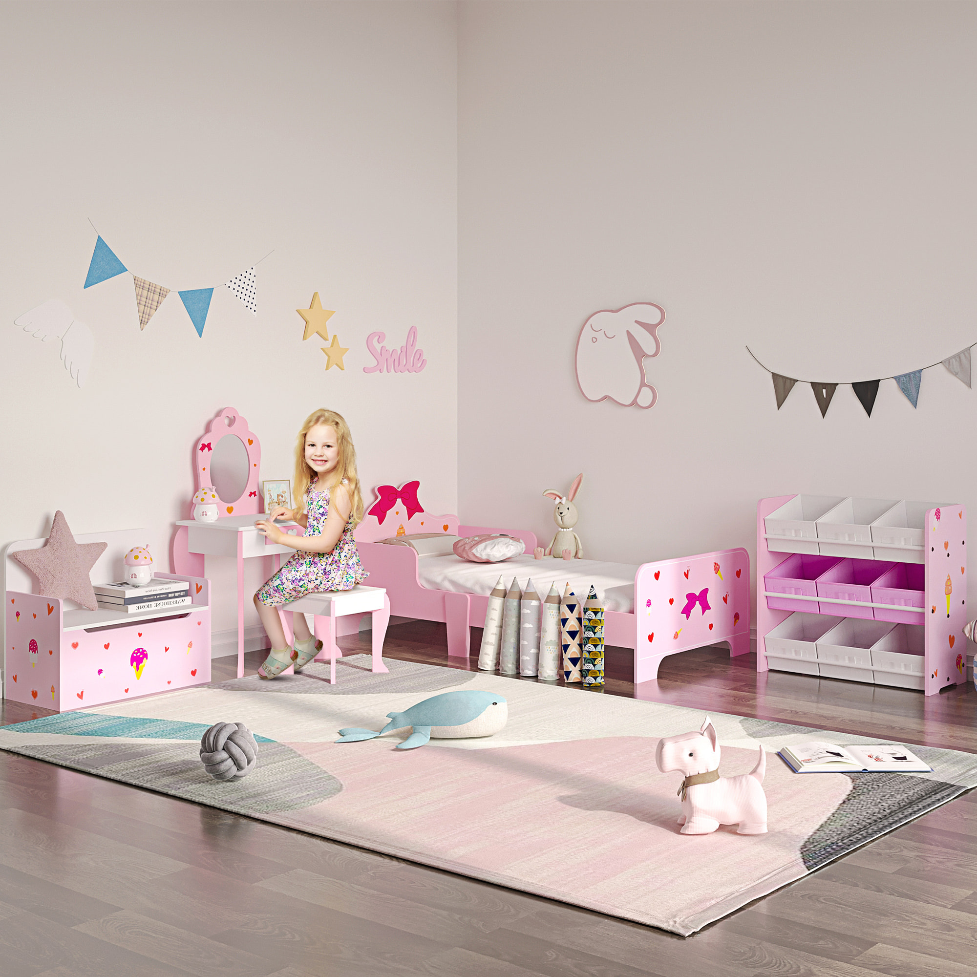 ZONEKIZ Letto per Bambini con Sponde e Fantasia a Fiocchi e Cuori, Età 3-6 Anni, 143x74x59cm, Rosa