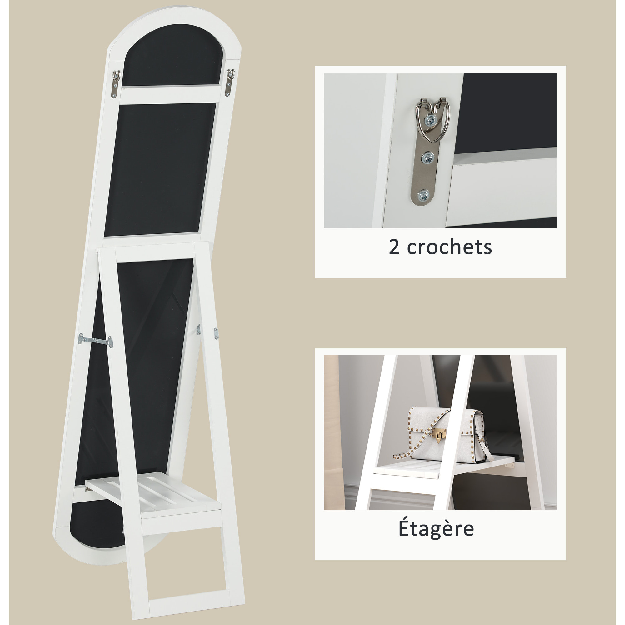 Miroir sur pied ou mural 150 cm avec étagère de rangement, grand miroir arqué pour chambre, entrée ou couloir, blanc