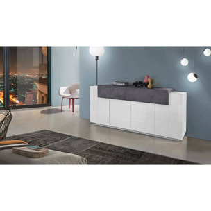 Credenza moderna a 5 ante, Made in Italy, Madia da cucina, Buffet di design da soggiorno, cm 200x45h86, colore Bianco lucido e Grigio Cenere