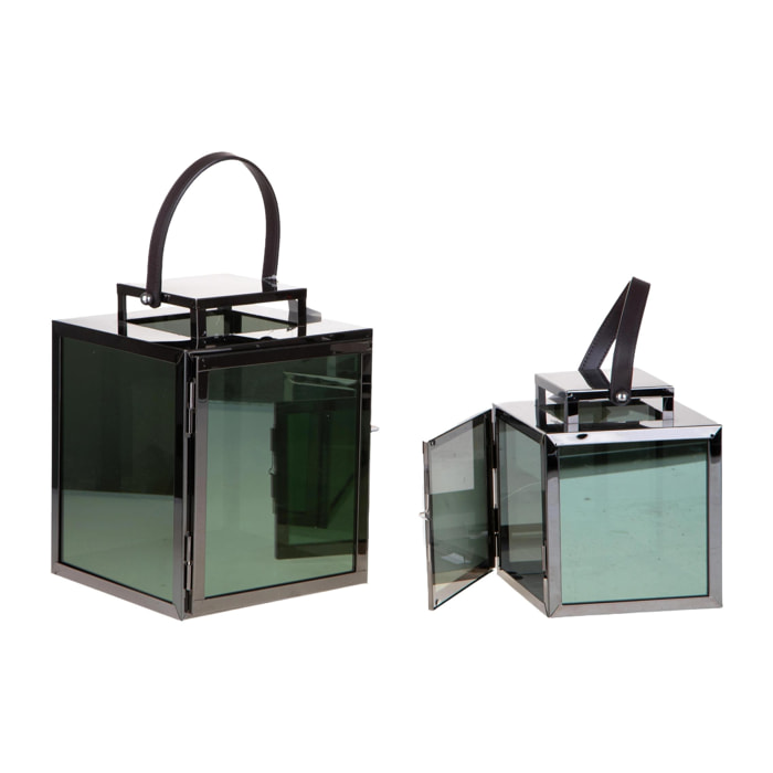 Set 2 Lanterne In Metallo - Pezzi 1 - Colore: Nero/Acciaio/Verde - 21xH28x22cm - Bianchi Dino -