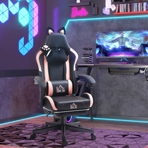 Chaise gaming design oreilles et patte de chat - inclinable, repose-pieds rétractable - rose noir