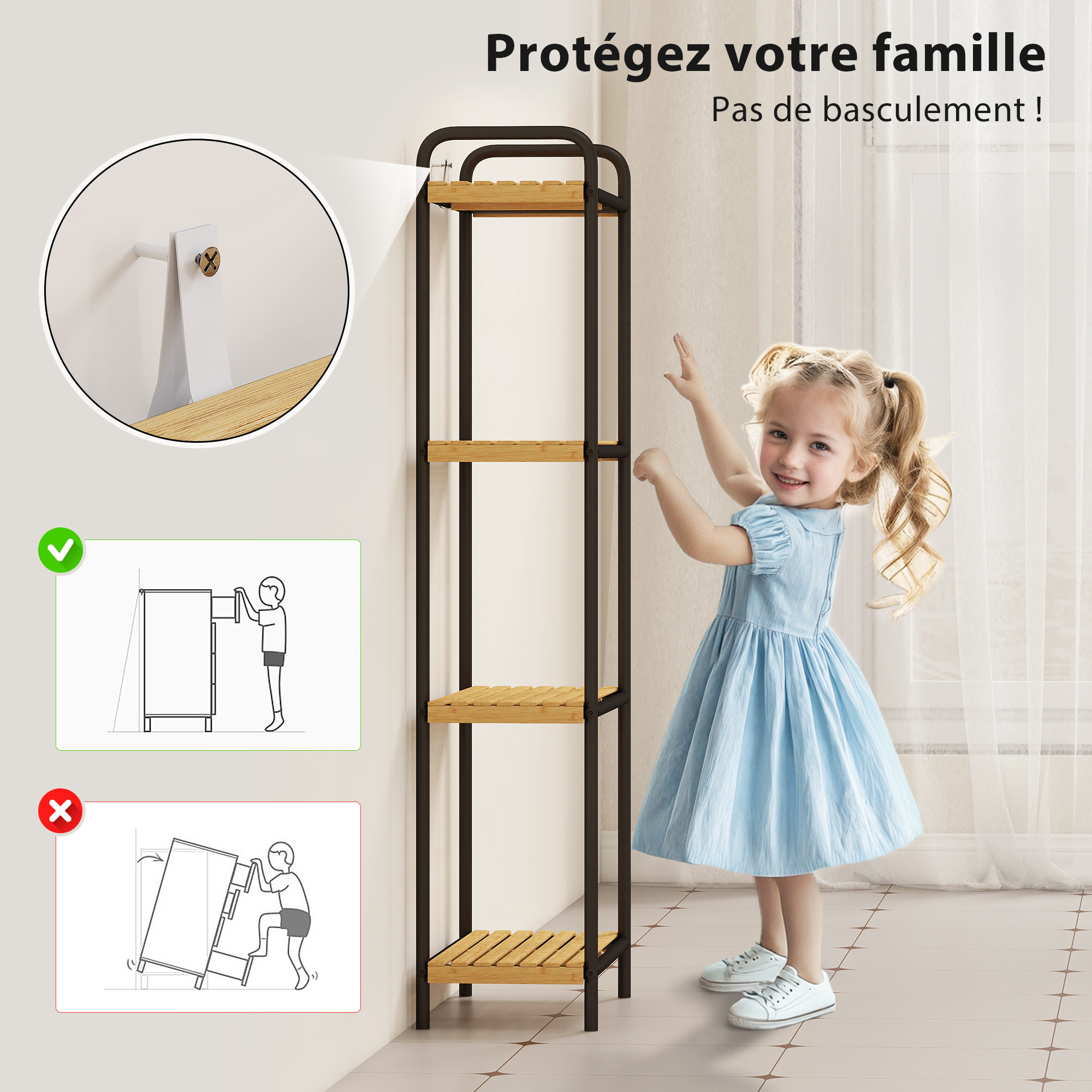 Étagère salle de bain bambou, 4 niveaux, étagère de rangement étroite autoportante cadre en acier pour salon, salle à manger, balcon, cuisine, 41,5 x 21,5 x 106 cm, noir et effet bois naturel