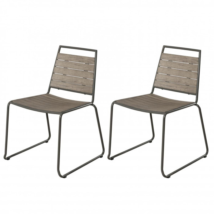 HYACINTHE - Ensemble de 2 chaises de jardin empilables en bois Teck teinté grisé et métal