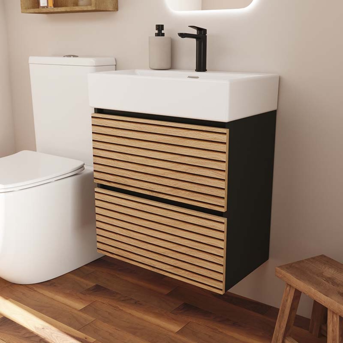 Conjunto de Baño YINU | 60 cm Negro - Solomon | Fondo 36 cm | Dos Cajones | Lavabo Encastrado | No incluye Espejo | Mueble Montado | Alday