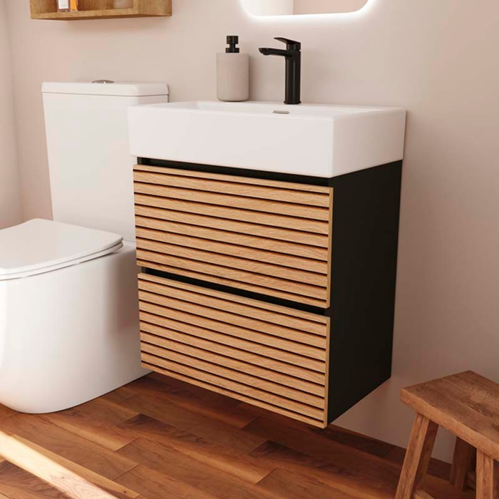 Conjunto de Baño YINU | 60 cm Negro - Solomon | Fondo 36 cm | Dos Cajones | Lavabo Encastrado | No incluye Espejo | Mueble Montado | Alday