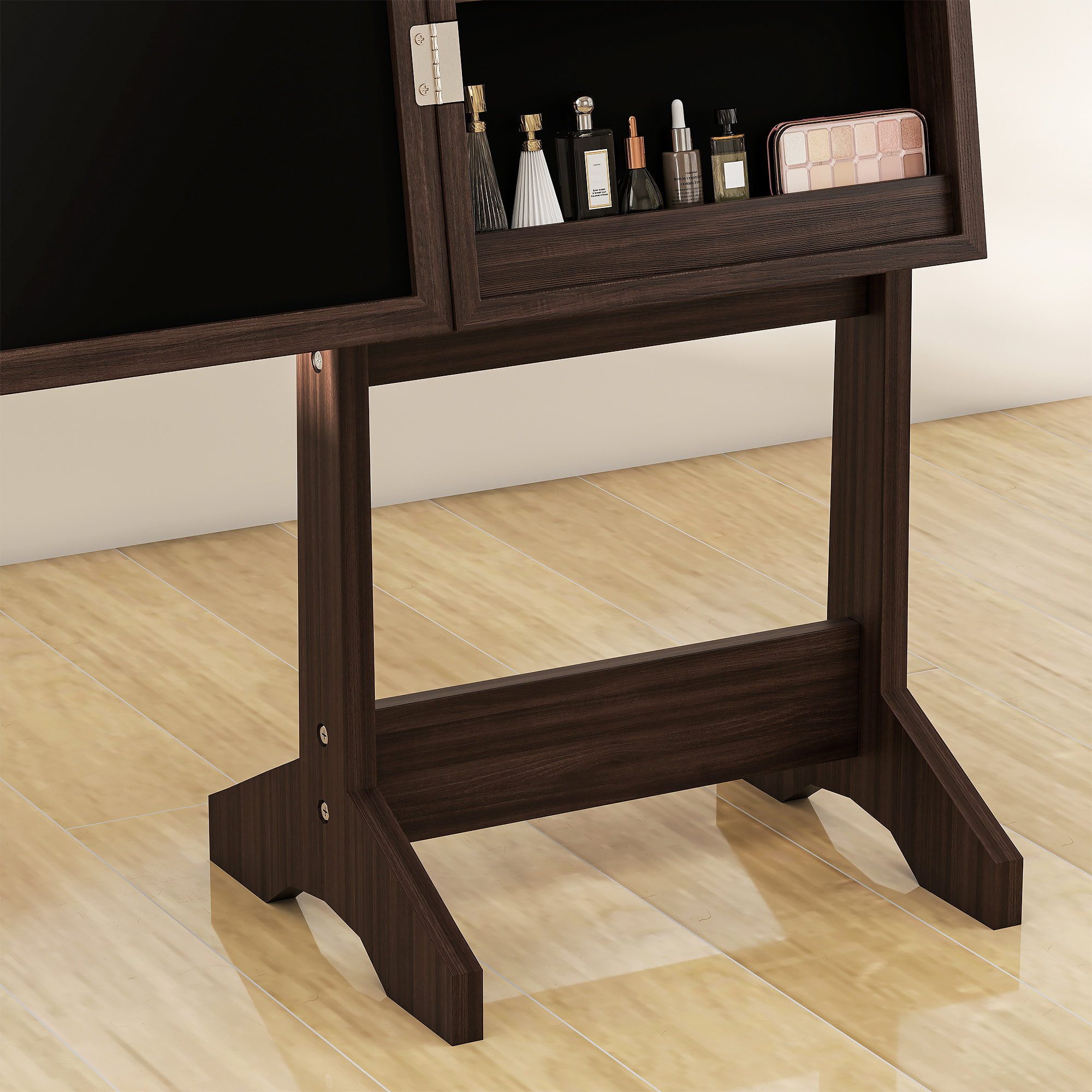 Armoire à bijoux sur pieds avec miroir multi-rangement éclairage LED effet bois wengé