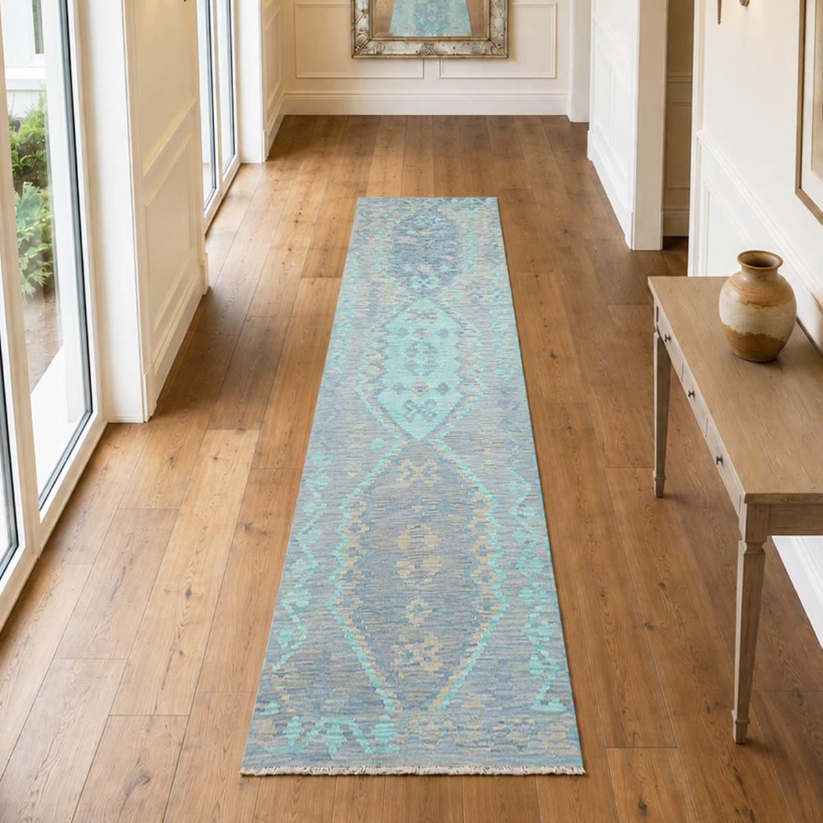 Tapis kilim géométrique, tissé à plat, laine naturelle, OKOGA
