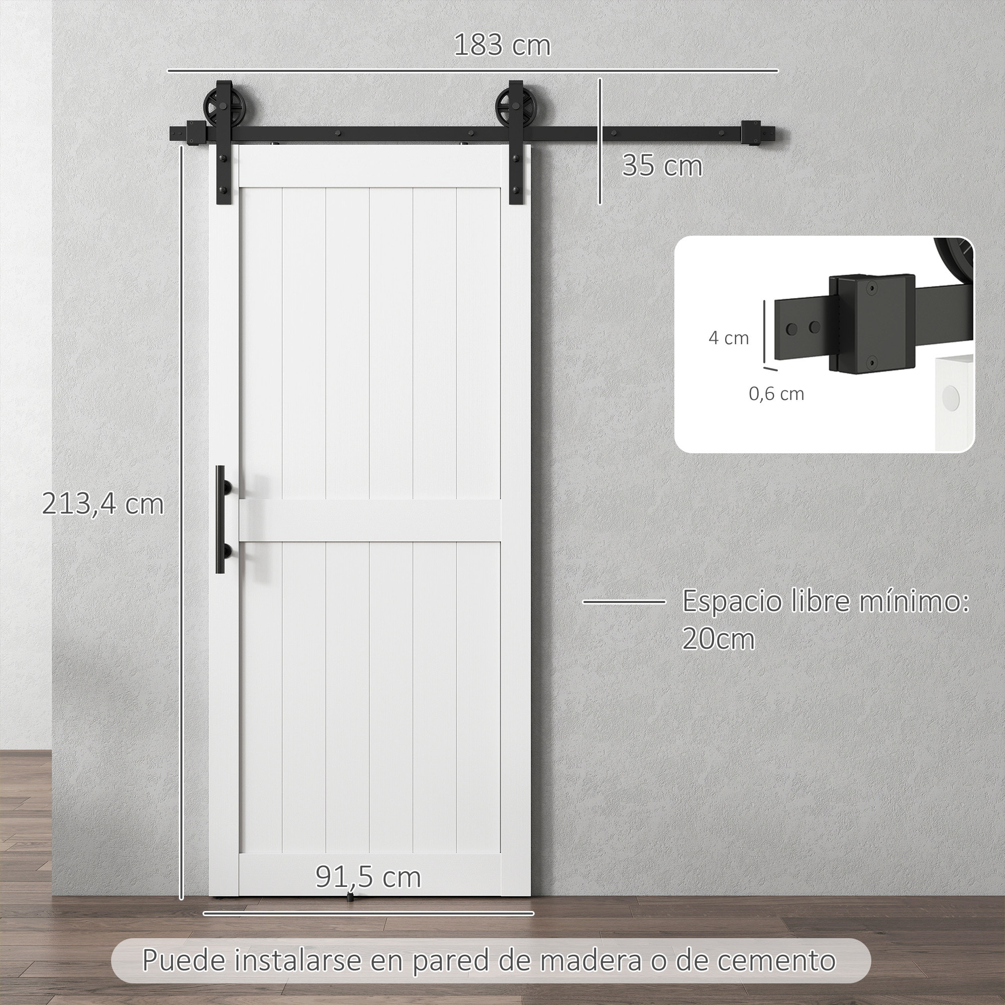 Puerta Corredera de Granero con Herrajes Puerta Corredera de Interior con Manija Rodillo y Guía de Suelo Mejorados para Baño Salón Sala de Estar 91,5x213,4 cm Blanco