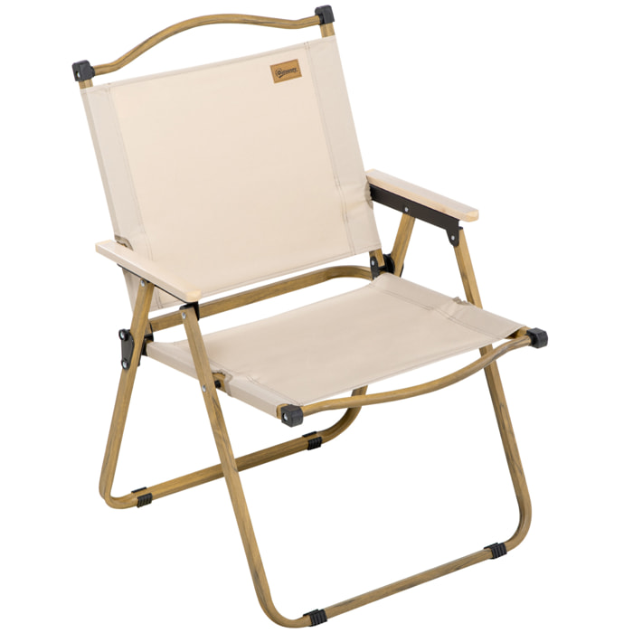 Chaise de plage camping pliante - poignée - structure acier aspect bois oxford beige