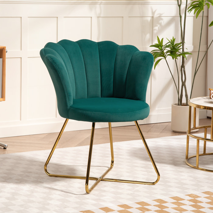 Fauteuil design coquillage piètement acier doré velours vert émeraude