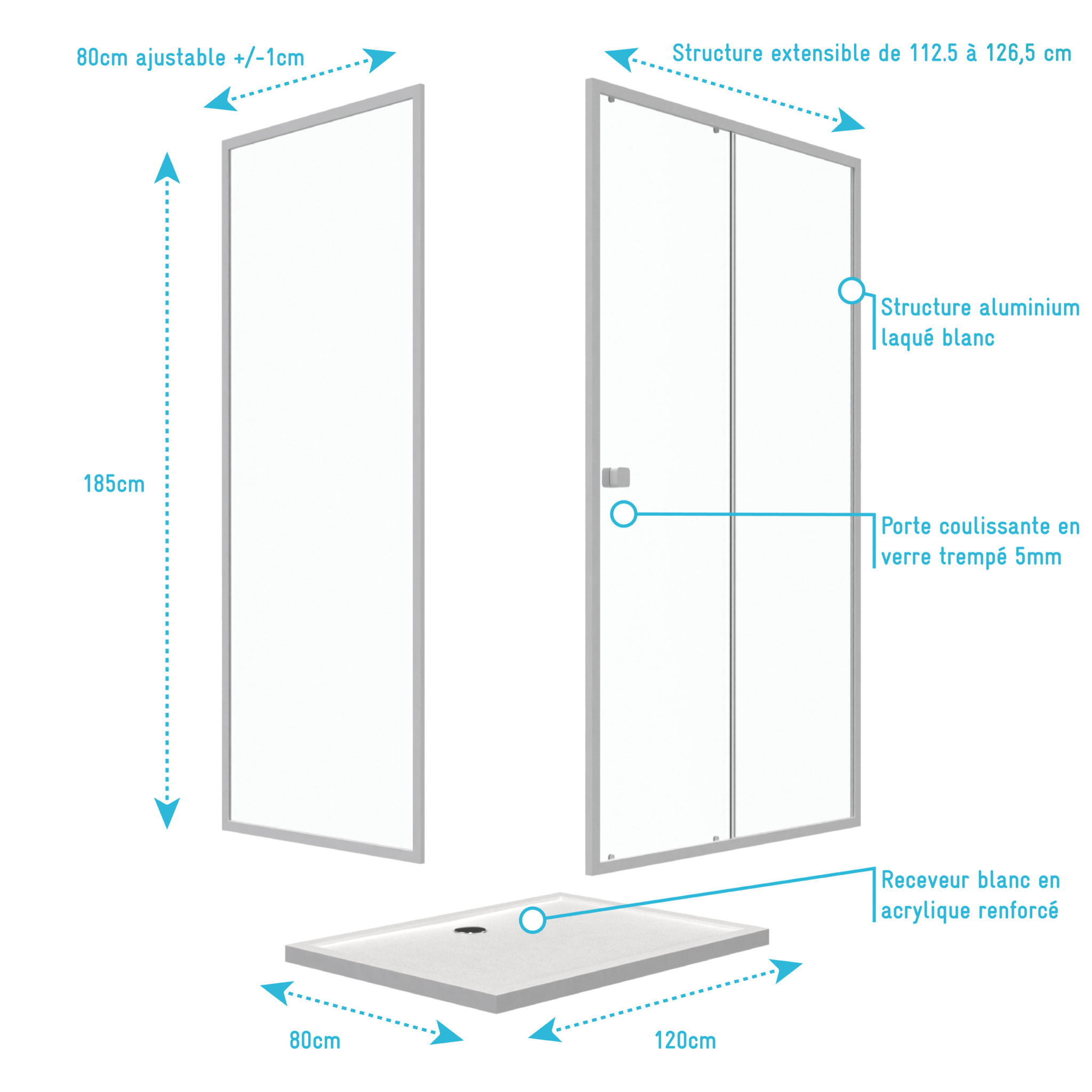 Pack porte de douche Coulissante blanc 120X185 cm + paroi de retour 80cm + receveur à poser - WHITY