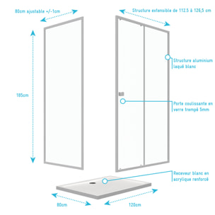 Pack porte de douche Coulissante blanc 120X185 cm + paroi de retour 80cm + receveur à poser - WHITY