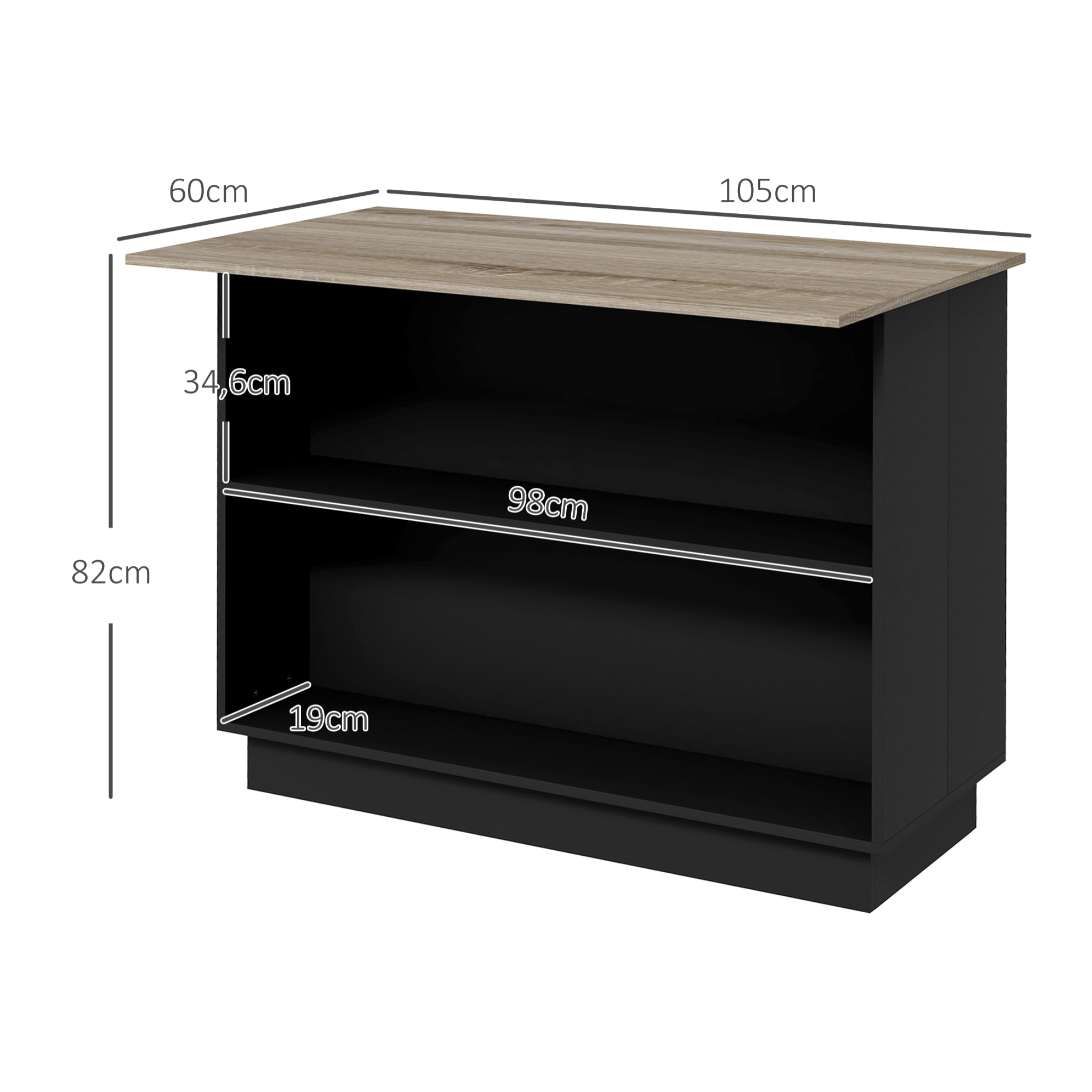 Isla de Cocina Mueble Auxiliar de Cocina con 2 Estantes Abiertos 2 Puertas y Estantes Ajustables Estilo Moderno Carga 100 kg 105x60x82 cm Negro y Roble