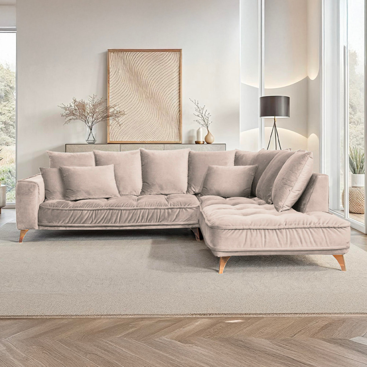 Canapé d'Angle Droit Velours Altamo, 4 Places, Housse Déhoussable, Style Scandinave