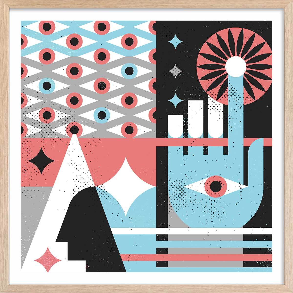 Affiche La main bleue Affiche + cadre en bois - Chêne