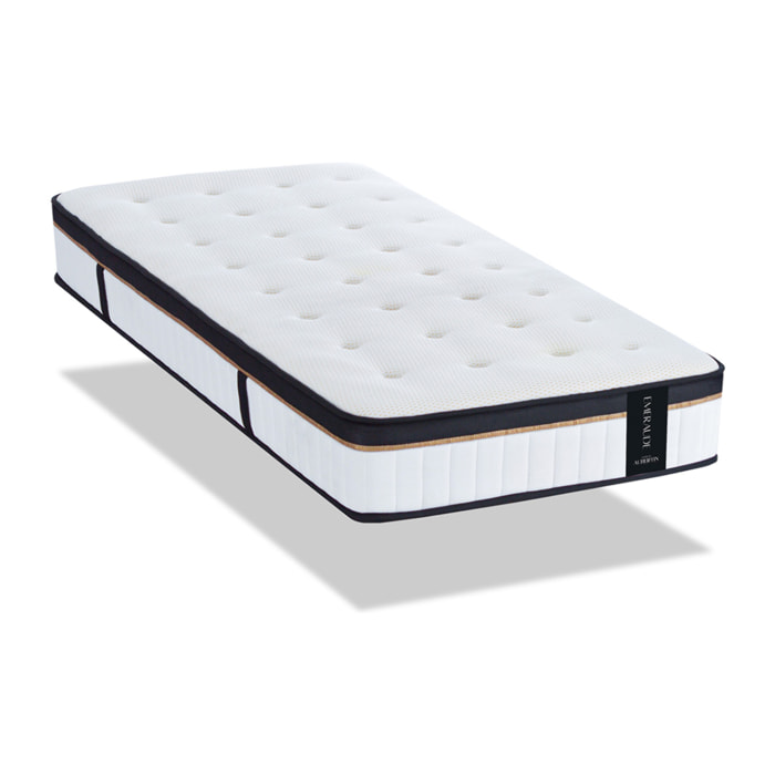 Ensemble Matelas Émeraude & Sommier Kit Bois, Mémoire de Forme & Air System, 25 cm, Accueil Moelleux, Soutien Ferme, Lattes Actives
