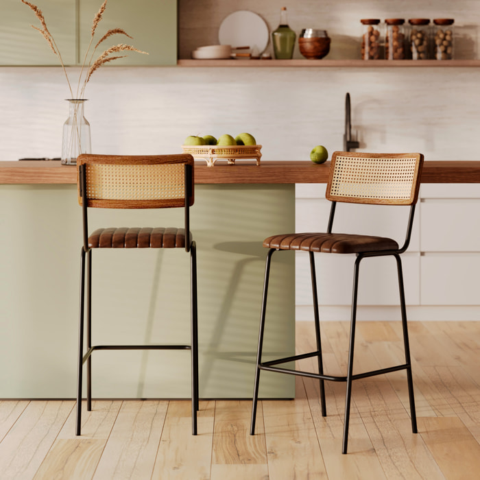 Lot de 2 chaises de bar 76 cm en cannage et cuir marron - Arsène