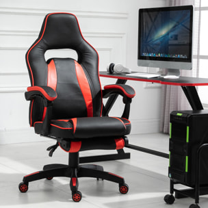 HOMCOM Fauteuil gamer grand confort fauteuil de bureau gamer pivotant inclinable avec coussins et repose-pieds revêtement synthétique noir rouge