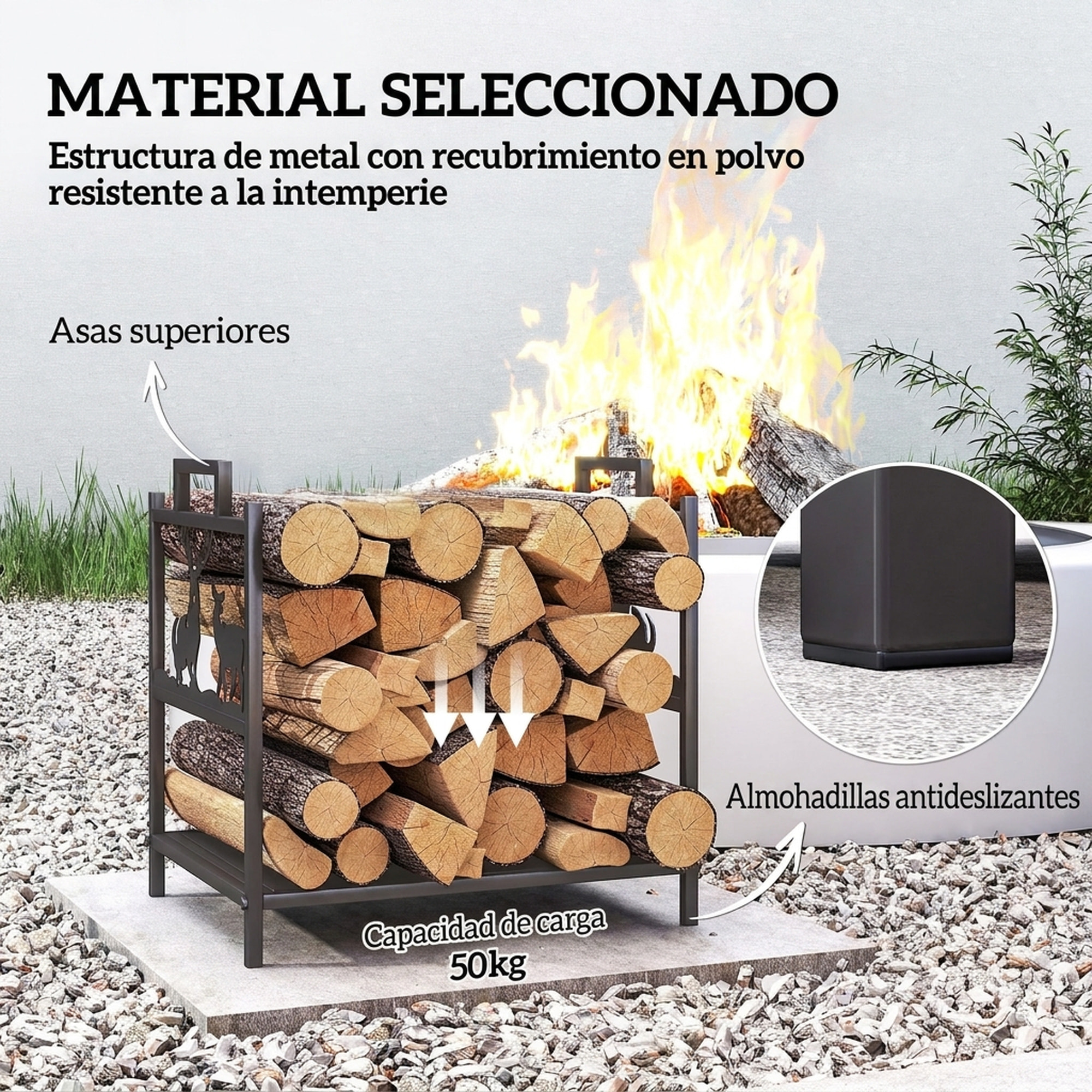 Outsunny Estante de Leña Metálico, 42,5x33,5x43 cm, Leñero Exterior Decorativo Resistente con Asas, Soporte de Madera para Chimenea, para Jardín, Terraza