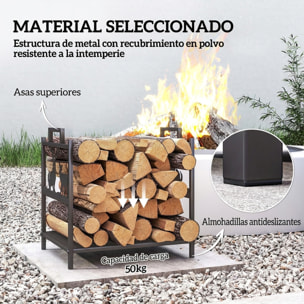 Outsunny Estante de Leña Metálico, 42,5x33,5x43 cm, Leñero Exterior Decorativo Resistente con Asas, Soporte de Madera para Chimenea, para Jardín, Terraza