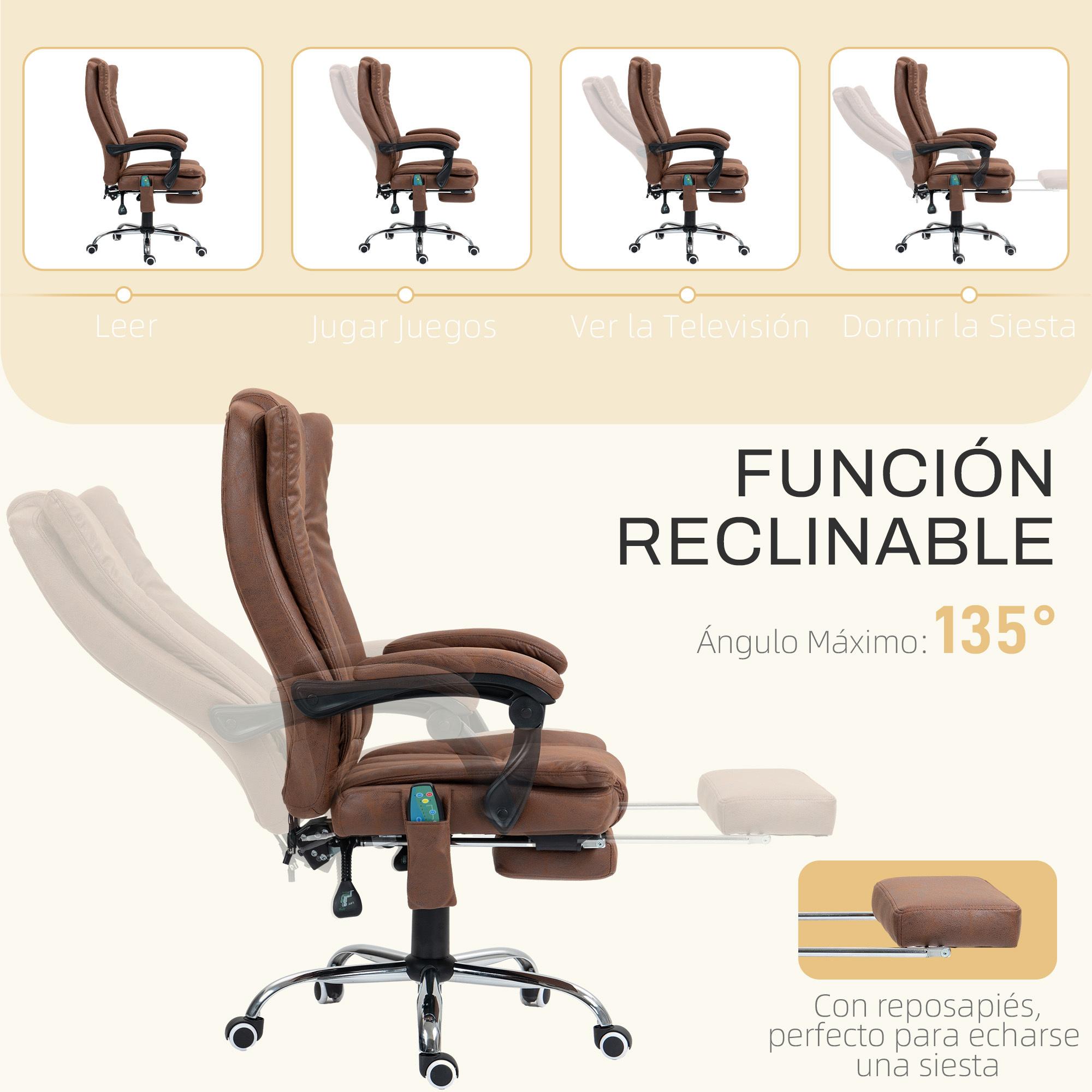 Silla de Masaje con 6 Puntos de Masaje Silla de Oficina Giratoria Silla de Escritorio Reclinable con Altura Ajustable Función de Calefacción Reposapiés Retráctil y Control Remoto Marrón