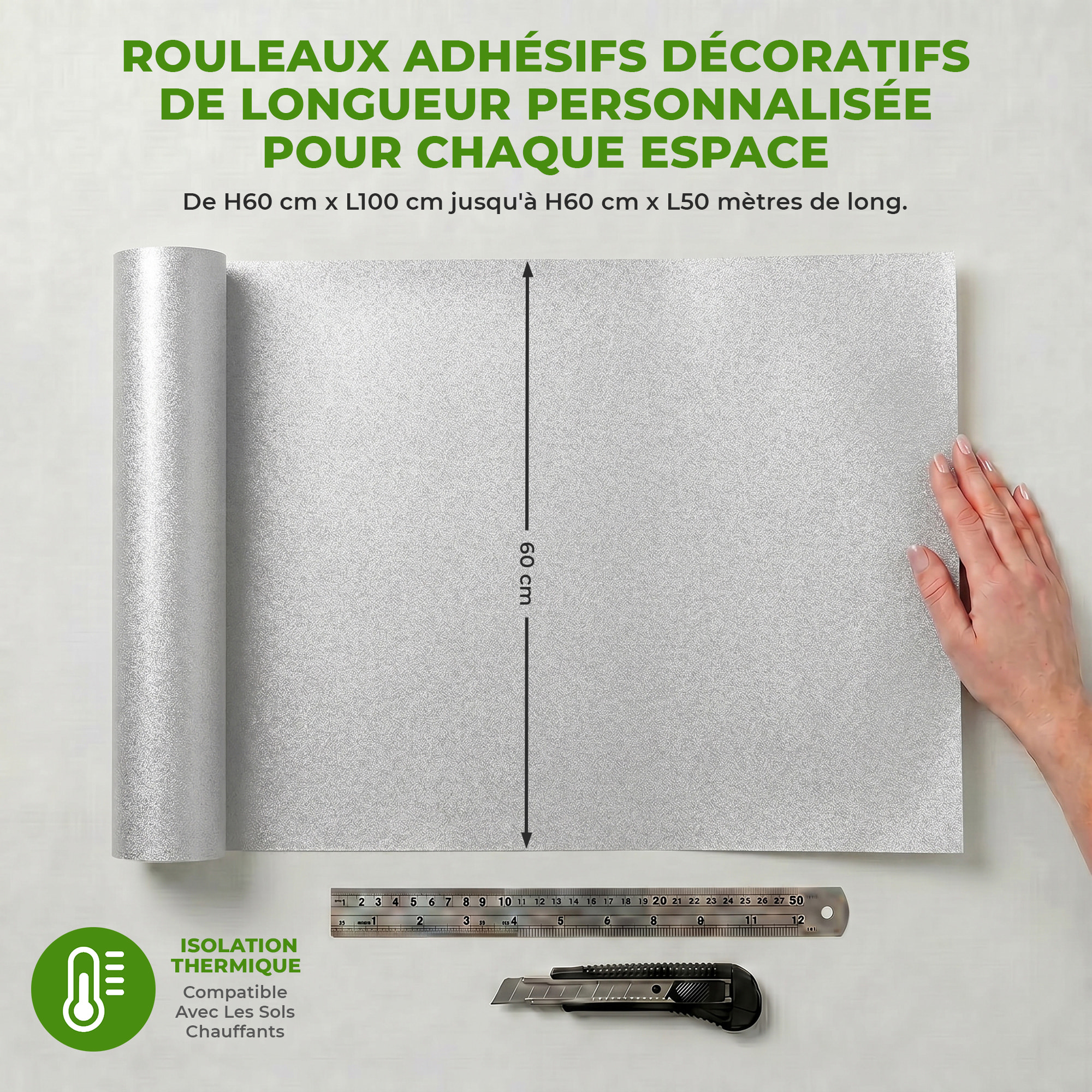 Rouleau adhésif décoratif Vinyle au Mètre - Argent - Sticker Lavable Imperméable Mur Cuisine Meubles