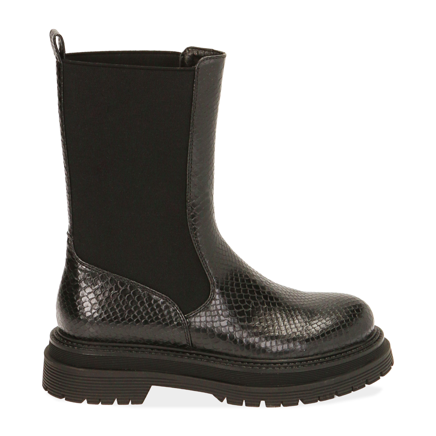 Chelsea boots neri stampa vipera, tacco 5 cm