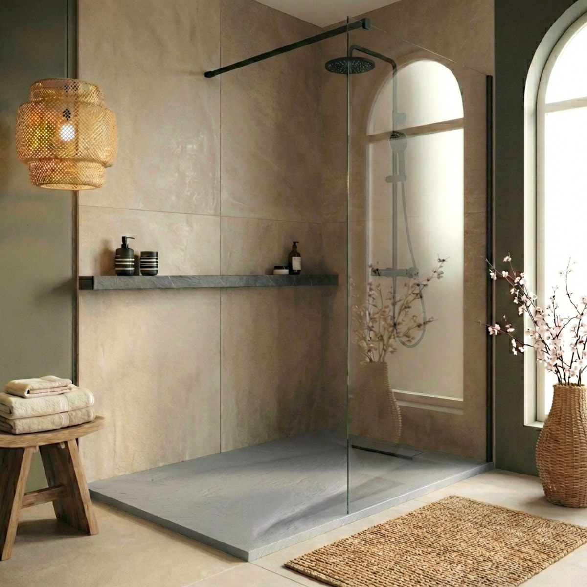 Receveur de douche antidérapant et ultra résistant en résine composite effet pierre 120x90 cm – Gris clair (CERAPX12090LG)