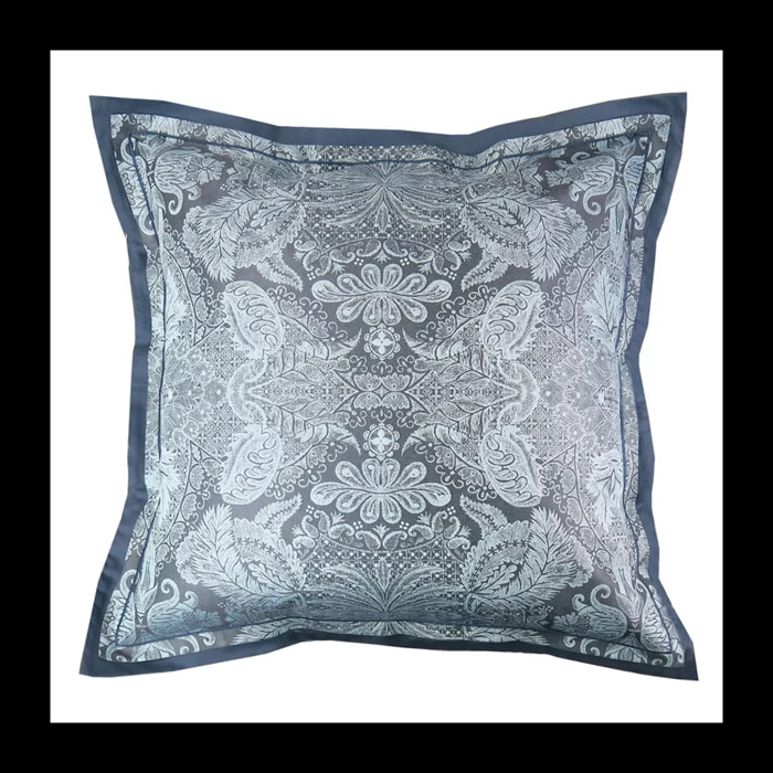 Taie d'oreiller satin de coton motif jacquard bleu Isaphire diamant noir