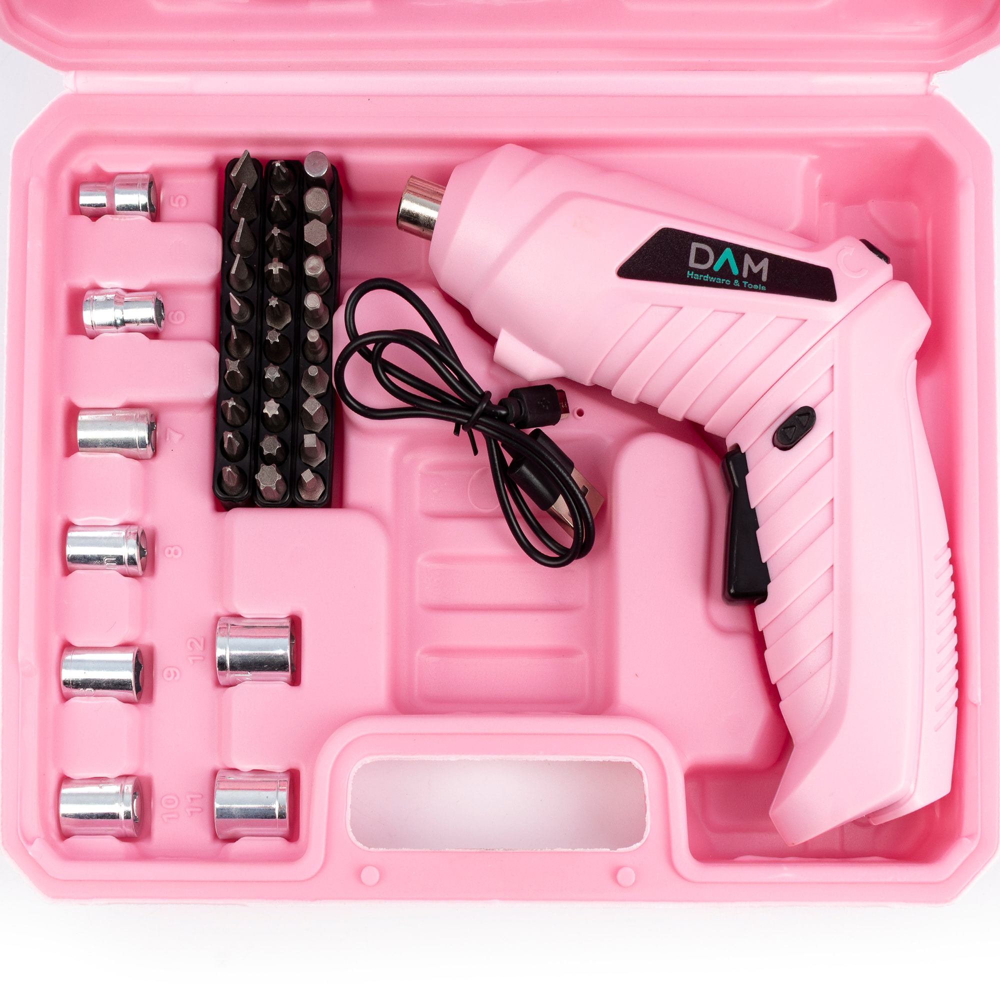 Destornillador eléctrico inalámbrico, con caja de herramientas de 46 accesorios.