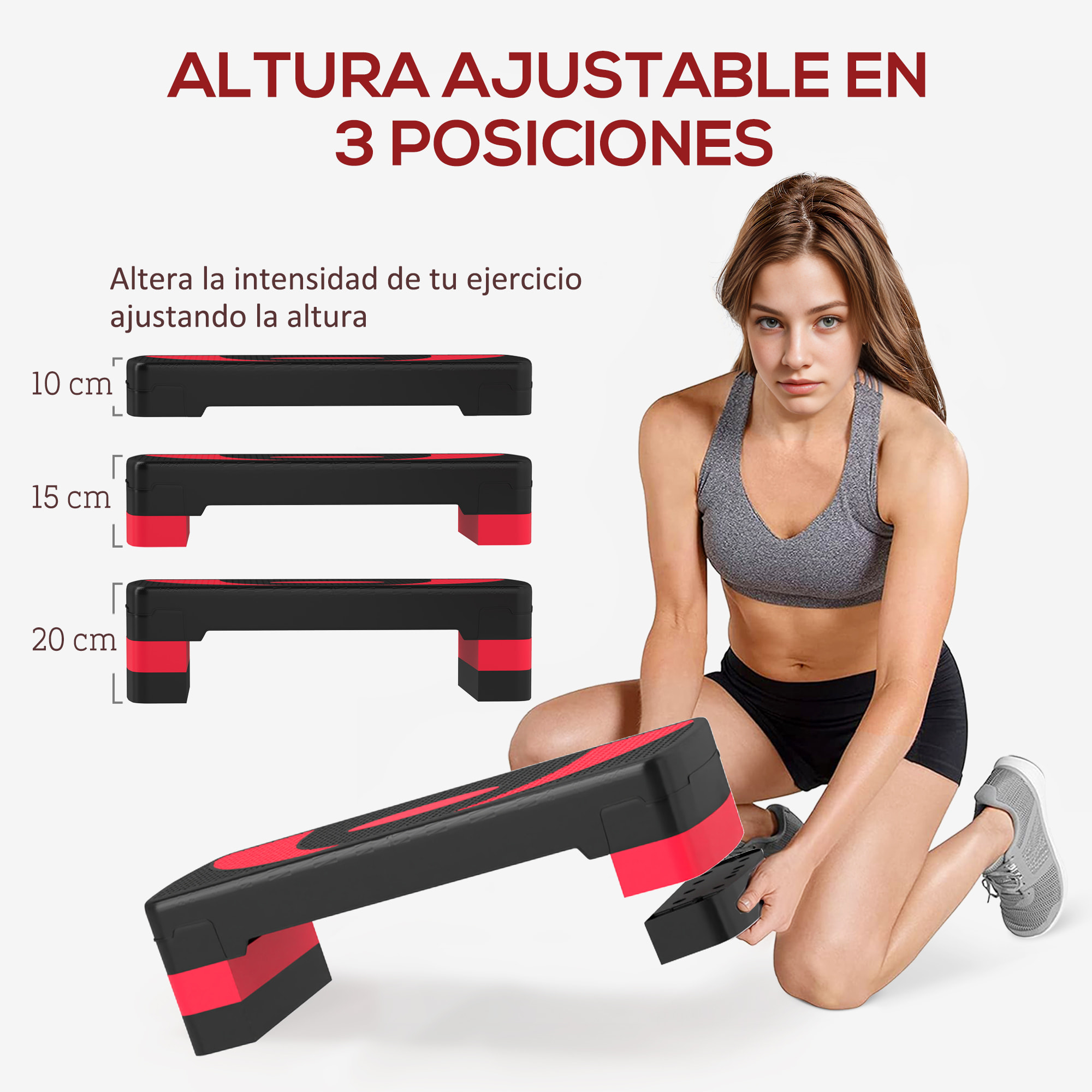 Step de Aeróbic, Step para Fitness Antideslizante con Altura Regulable 3 Niveles de 10/15/20 cm, Tabla Plataforma Stepper para Ejercicio en Casa Gimnasia, Carga 150 kg 80x31x20 cm, Rojo