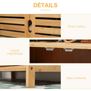 Meuble salle de bain bois bambou 2 portes 3 étagères dim. 60 x 30 x 120 cm naturel