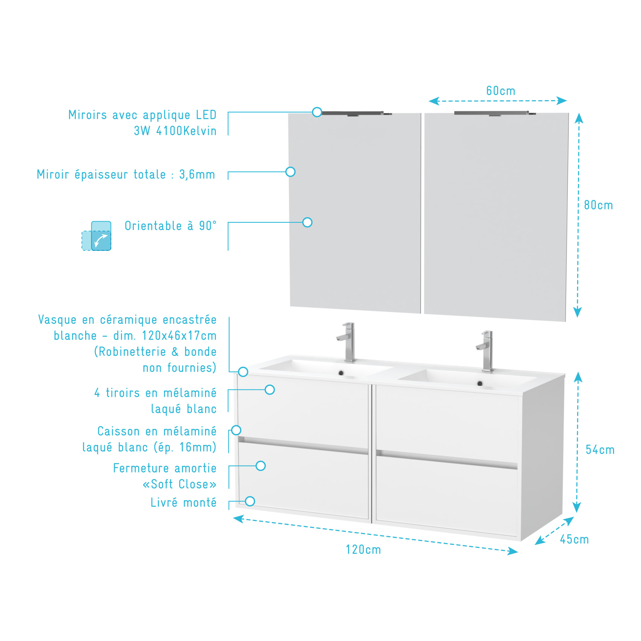Meuble Salle de Bains 120 cm Laqué Blanc 4 Tiroirs, Vasque, Miroirs 60x80 et Réglettes Led - XENOS
