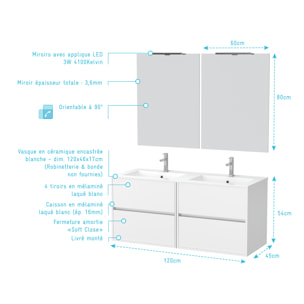Meuble Salle de Bains 120 cm Laqué Blanc 4 Tiroirs, Vasque, Miroirs 60x80 et Réglettes Led - XENOS