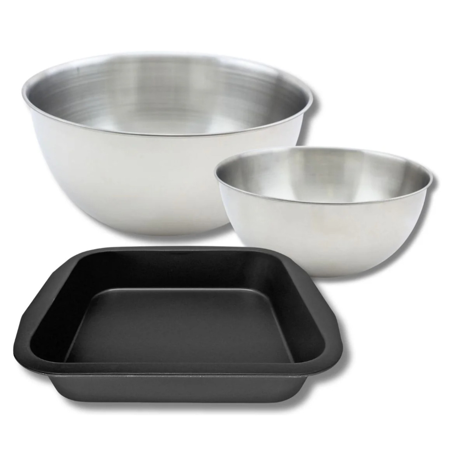 Set à pâtisserie avec 1 Moule à brownie, 1 spatule Zenker et 2 bols à mixer en inox Fackelmann