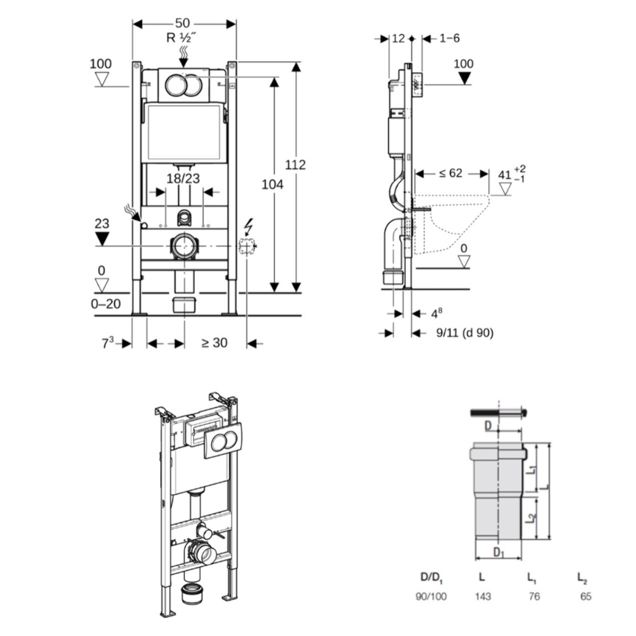 Duofix Pack WC bâti-support 112 cm + WC suspendu sans bride Ceramia avec abattant SoftClose + plaque blanche (GEBCEPXWT01-FR)