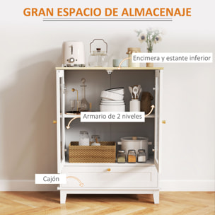 Aparador de 2 Puertas de Vidrio Aparador de Salón con Cajón y Estante Ajustable Mueble Aparador de Dormitorio Sala de Estar 68x35x85 cm Blanco y Roble