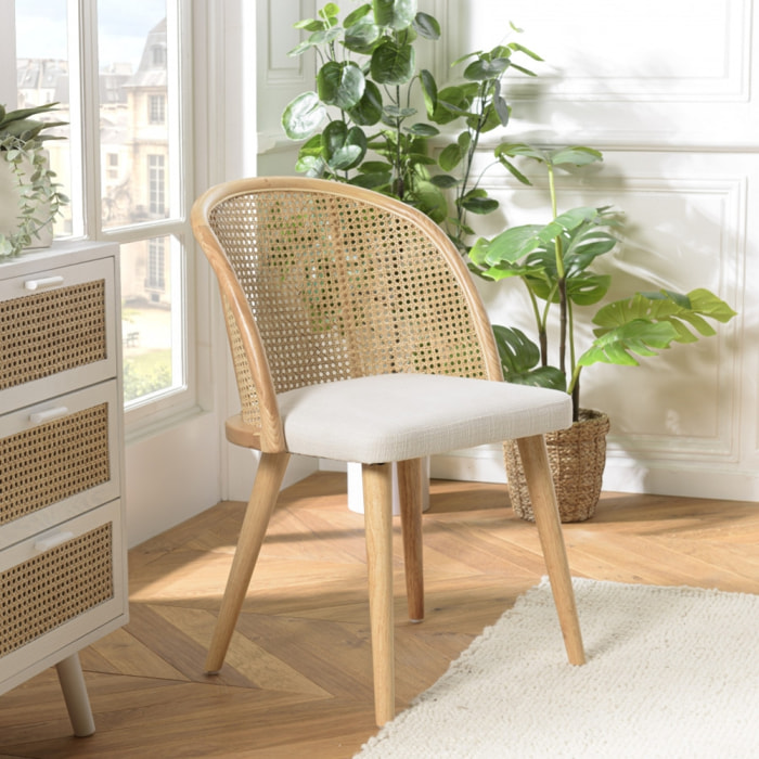 ALBANE - Chaise bois d'Hévéa assise tissu blanc dossier arrondi rotin