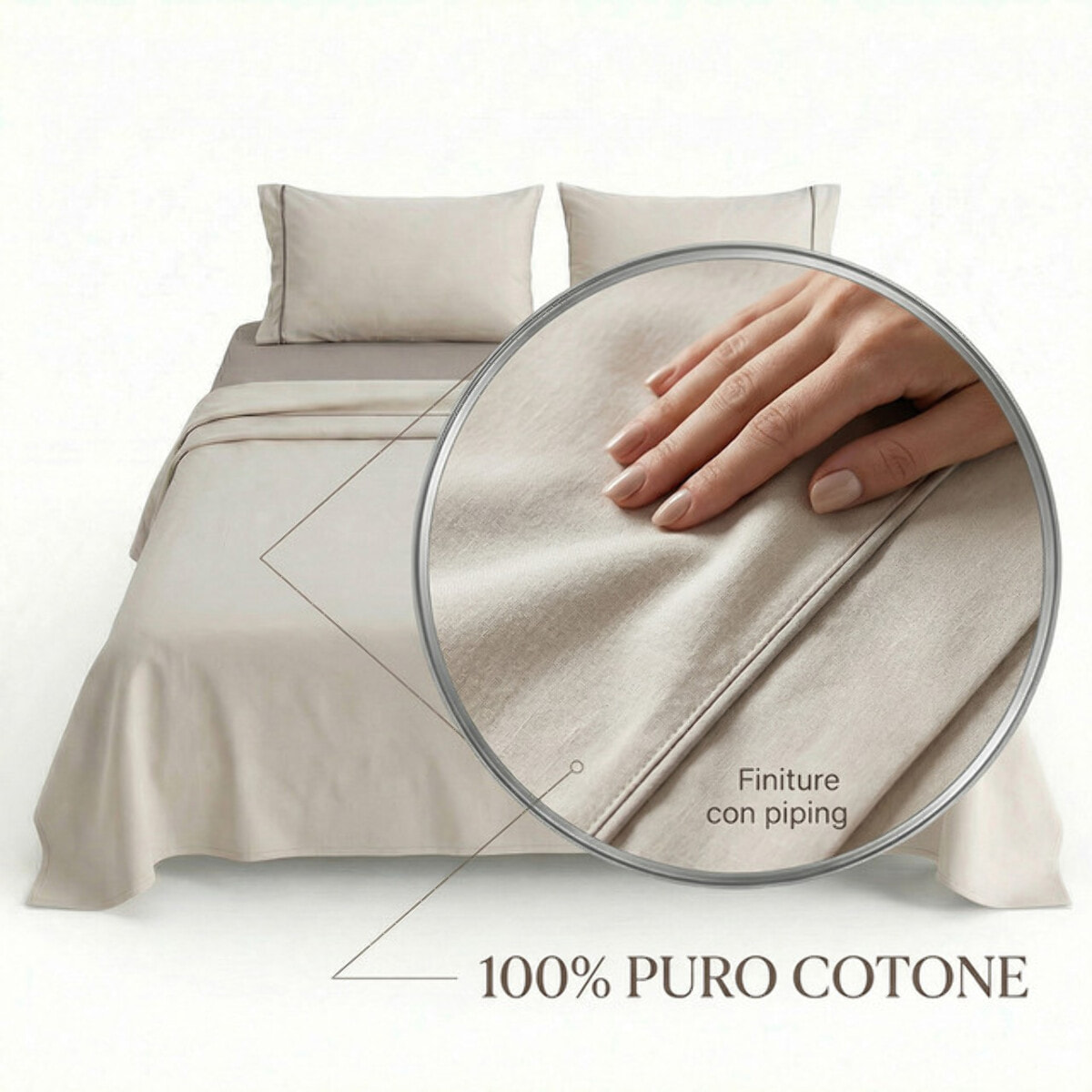 Completo Lenzuola in 100% Cotone con Piping Elegante, Set Letto Morbido e Traspirante con Lenzuolo Sopra, Sotto con Angoli Elasticizzati e Federa Coordinata