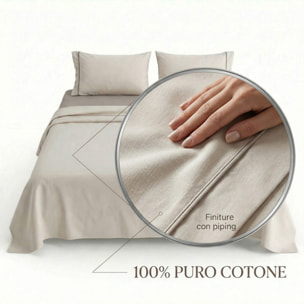 Completo Lenzuola in 100% Cotone con Piping Elegante, Set Letto Morbido e Traspirante con Lenzuolo Sopra, Sotto con Angoli Elasticizzati e Federa Coordinata