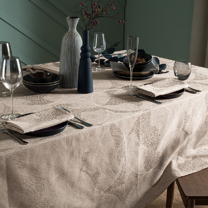Nappe pur coton motif jacquard brun Mille gouttes taupe