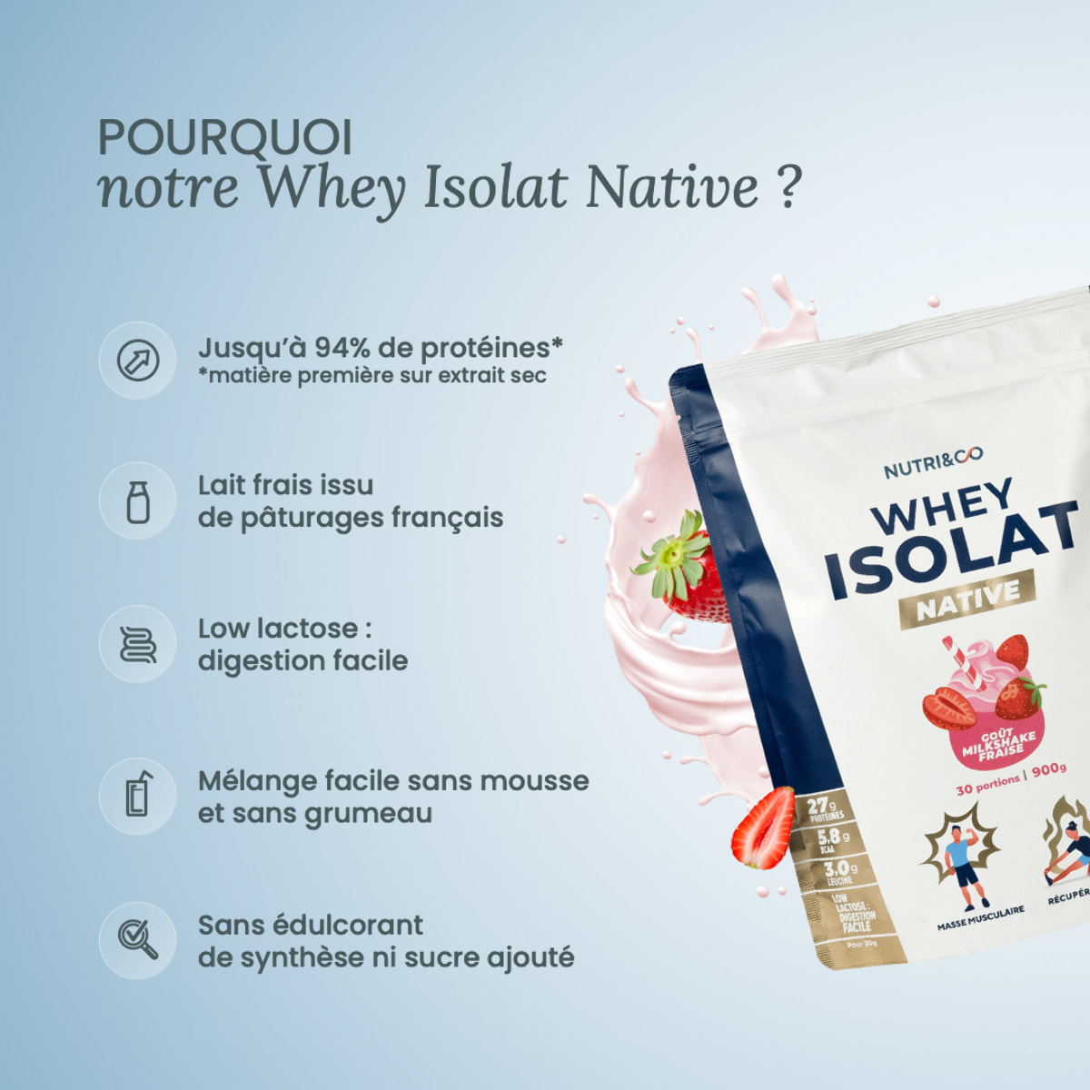 Nutri&Co Protéines Whey Isolat Native en poudre - 900gr Goût Milkshake Fraise