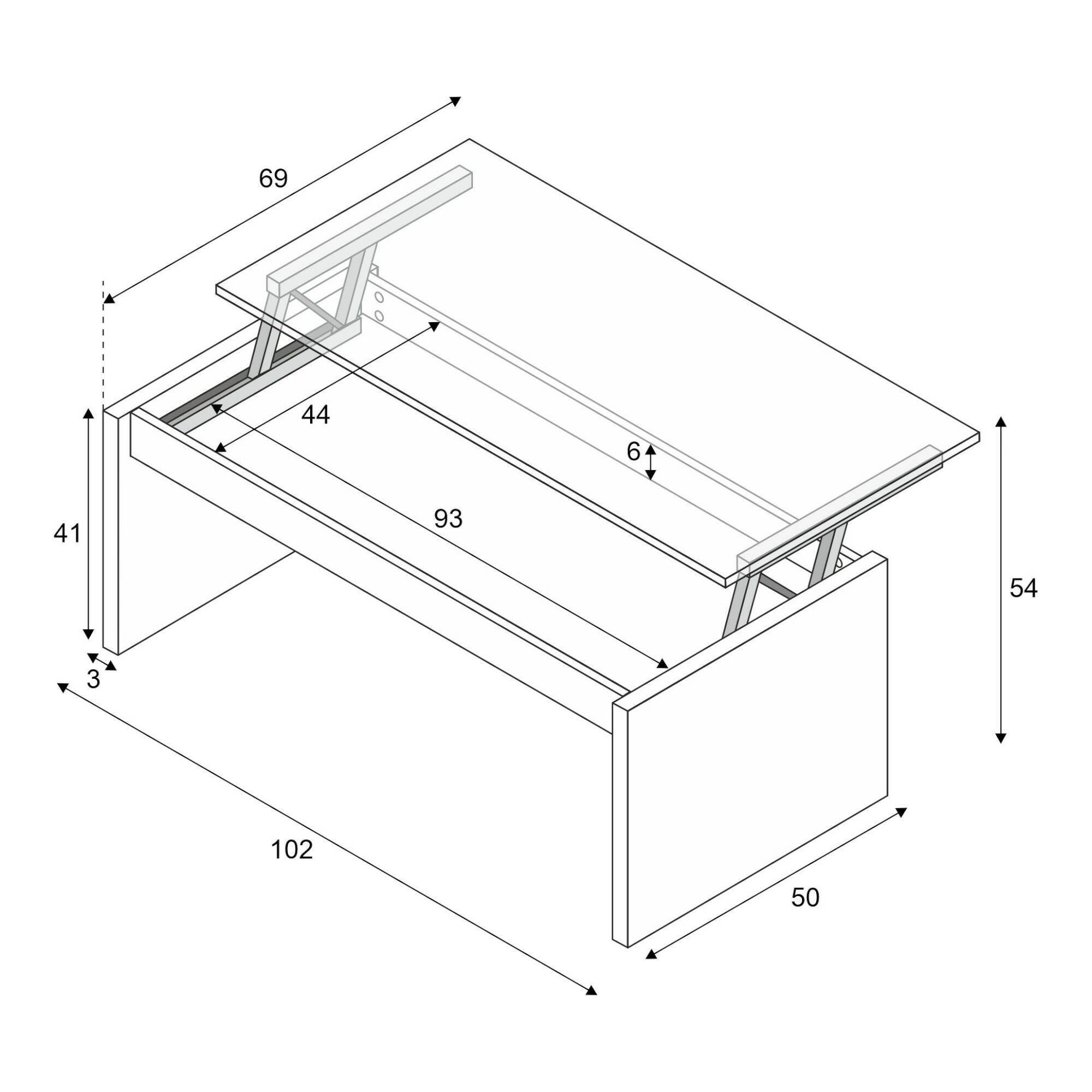 Tavolino da salotto Ontario, Tavolino da caffè con piano elevabile, Tavolo basso da soggiorno, cm 102x50h43/54, Bianco lucido