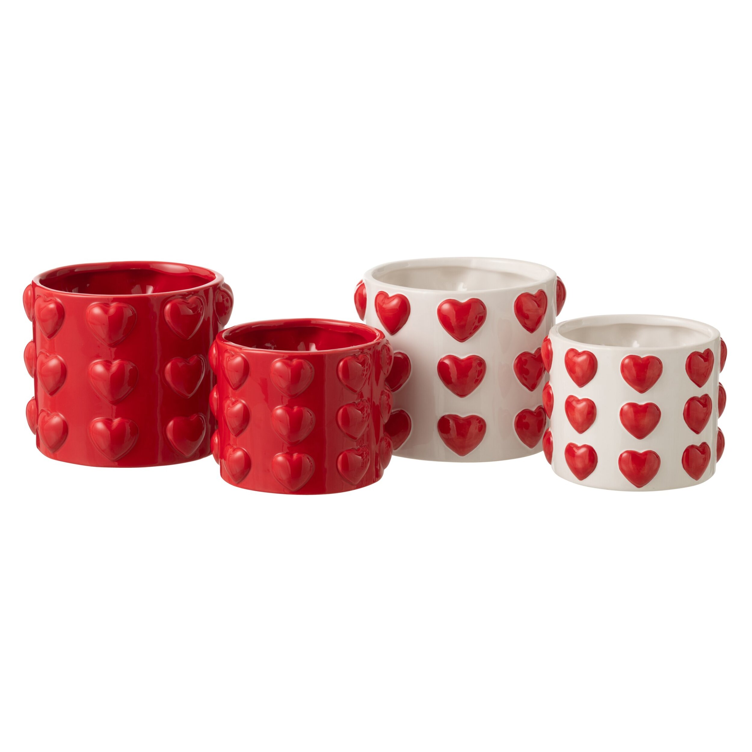 J-Line Cache-pot Motif Coeurs - céramique - blanc/rouge - 2 pièces