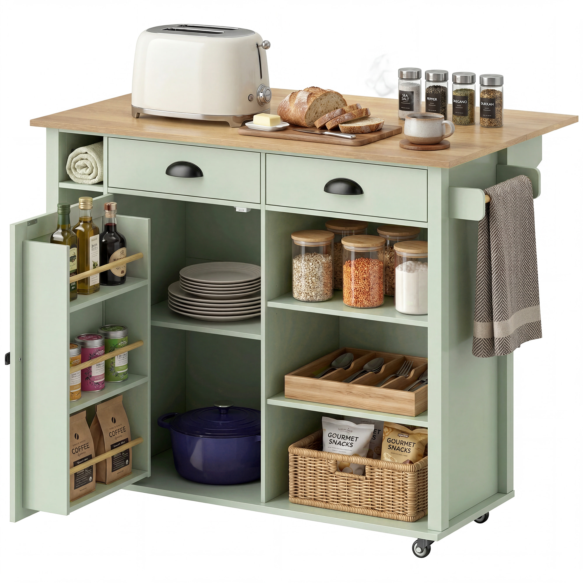 Isla de Cocina con Tablero Plegable y Ruedas, Mueble Auxiliar de Cocina con Especiero, Toallero, Armario, 2 Cajones, Estantes Abiertos, 117,5x70x91 cm, Verde Claro