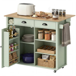 Isla de Cocina con Tablero Plegable y Ruedas, Mueble Auxiliar de Cocina con Especiero, Toallero, Armario, 2 Cajones, Estantes Abiertos, 117,5x70x91 cm, Verde Claro